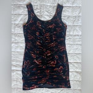 Free Press Black Orange Floral Velvet Ruche Scrunch Mini Dress Whimsigoth -Large
